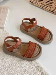 Boho Style Girls' Sandals, Braided Fabric with Faux Fur Ball Decor, Magic Tape Design, Soft Non-Slip Sole, Summer Casual Shoes, Fashionable Comfy Sandals
