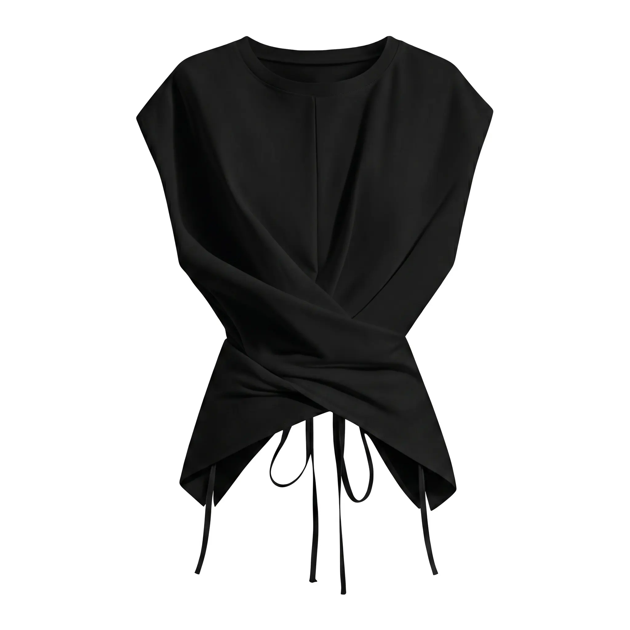 Women's Minimalist Knitted Round Neck Long Sleeve Blouse - Drop Shoulder, Basic Fashion Casual Chic, Asymmetrical Criss Cross Back Tie Top for Lady, Spring & Fall Wear