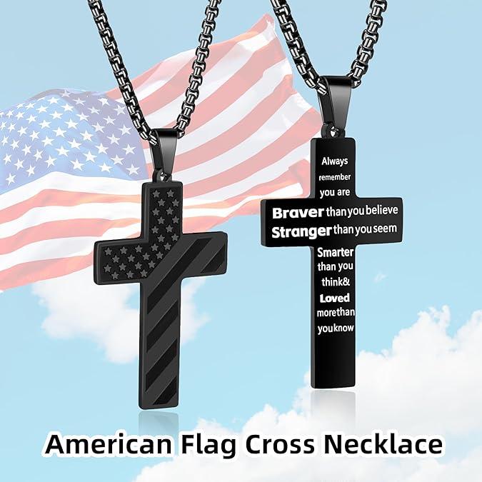 Men's Cross Necklace: Bible Verse & American  Flag Pendant | Stainless Steel Patriotic Faith Chain - Bold Gift for Him men boy black tone Strength Inspiration