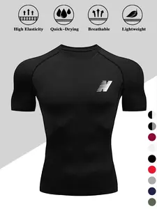 Men's Quick-Dry Tight Training Shirt, High Elasticity Breathable Sportswear, N-Logo Short Sleeve T-Shirt for Running, Gym, Basketball, Activewear