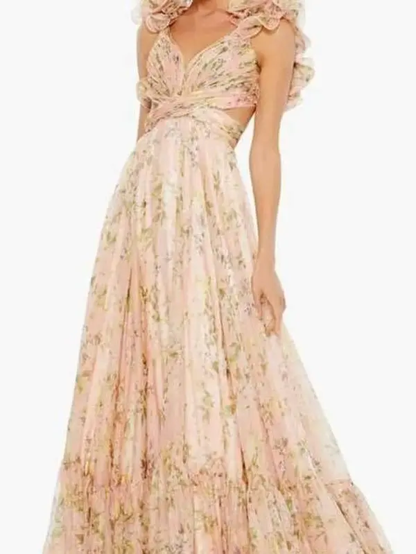 Bella  Ruffle Floral Cut out Chiffon Gown