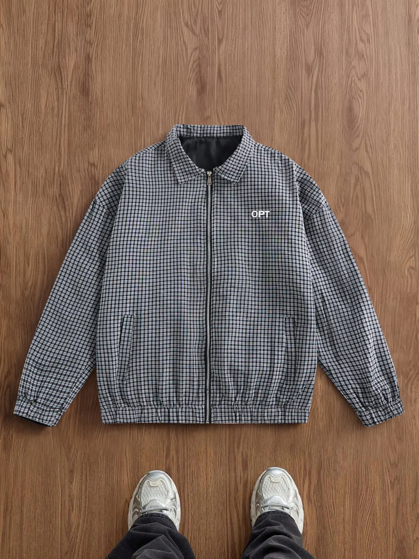 Men's Harrington Jacket, Vintage Lightweight Collared Checked Zip-Up Windbreaker with Elastic Cuffs for Casual Streetwear, Longsleeves