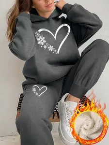 Women's Hooded Sweatshirt Set, Heart & Snowflake Print, Fleece Lined Thick Casual Hoodie Pants, Fall Winter Two-Piece
