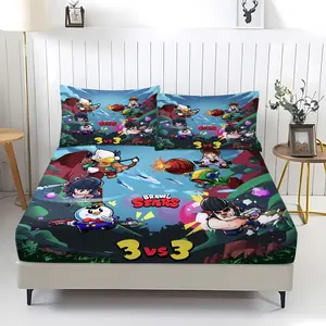 "Brawl Stars" Patterned Fitted Sheet Bed Sheets Set,Including 1 Bed Sheet and 2 Pillowcases,Non Slip Dust Cover is Suitable for Bedroom and Guest Room Decoration,Suitable for Personal Use or Gift Giving