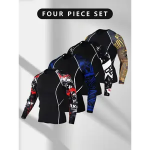 [4pcs Compression Sports Long Sleeve] 4pcs Men's Sports Compression Long Sleeve, High Elasticity Crew Neck Sports Tops With Triangle/ Graffiti Pattern/ Letter Print Sleeves, Suitable For Running, Gym, Yoga, Casual, Outdoor