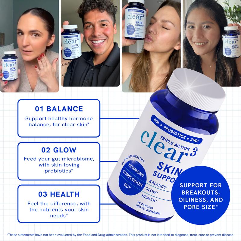Clear-3 Skin Support by SM Nutrition - Dietary Supplement with Zinc DIM & Probiotics - 3-in-1 Balance & Support with Hyaluronic Acid & Skin Support Vitamins for Hormonal Gut Microbiome Health