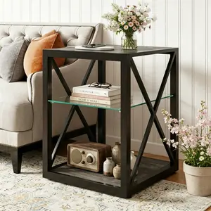 Eyisean 17.7" Modern Industrial Wooden Side Table, Square End Table with Tempered Glass & Rustic/Natural Wood Top, Durable 3-Tier Nightstand with Storage Shelf & X-Frame Support for Living Room, Bedroom