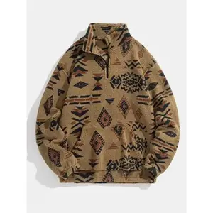 Men's Ethnic Pattern Half Zip Polar Fleece Sweatshirt, Regular Fit Boho Long Sleeve Stand Collar Pullover for Fall & Winter, Men's Clothes for Daily Wear