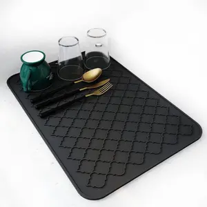 Silicone Dish Drying Mat for Kitchen Counter, Heat Resistant Dish Drying Pad, Kitchen Gadgets Accessories, 12" x 16", BLACK