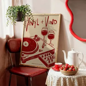Vintage Vinyl Record & Wine Art Print, Medieval Style Canvas Painting, Unique Creative Wall Decor, Perfect for Bedroom & Living Room
