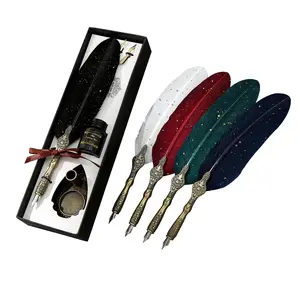 Vintage Carved Feather Pen Set, Sparkling Feather Pens, Aesthetic Pens, Calligraphy Ink Pens, Specialty Pen, Standing Base, Suitable for Signing, Writing, Artistic Writing