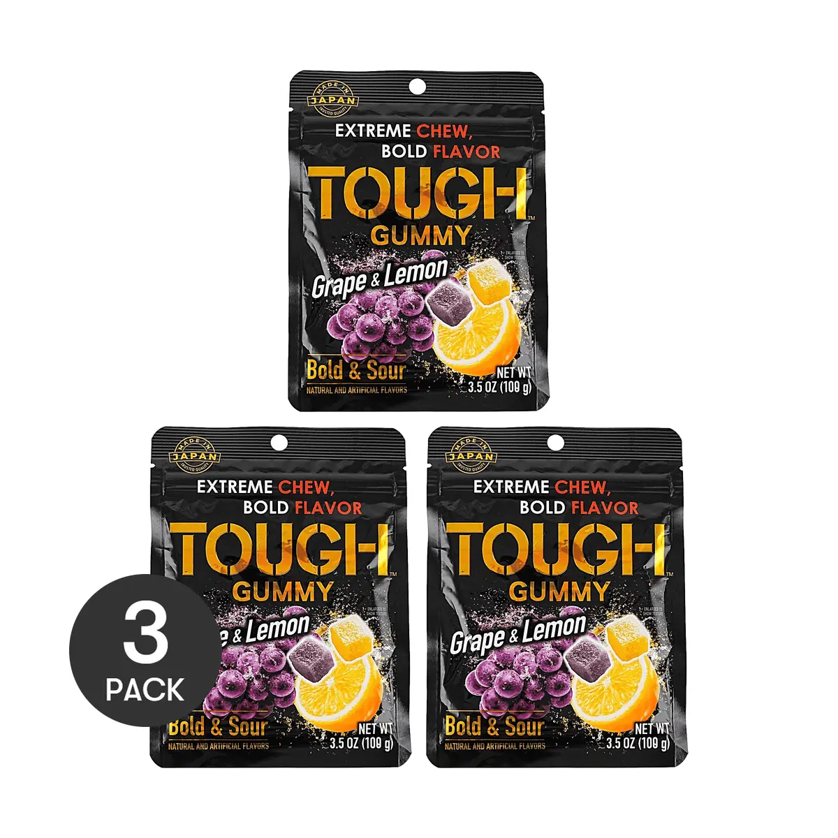 3 Pack KABAYA Tough Gummy Candy Grape & Lemon 3.5 oz Each - Japanese Sour Block Candy, Extra Chewy