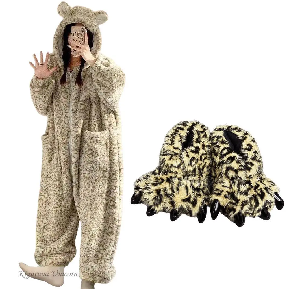 Women's Cute Cartoon Leopard Hooded Long Sleeve Loose-Fitting Flannel Kigurumi Pajamas with Pockets, Adult Onesies Winter Sleepwear & Slipper Set (Stress Relief Novelty Toy), Pajamas And Slipper