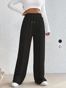 Plus Size Women's Basic Minimalist Solid Color Knit Loose Fit Drawstring Sweatpants, Comfortable and Stylish Athleisure Pants for Everyday Wear