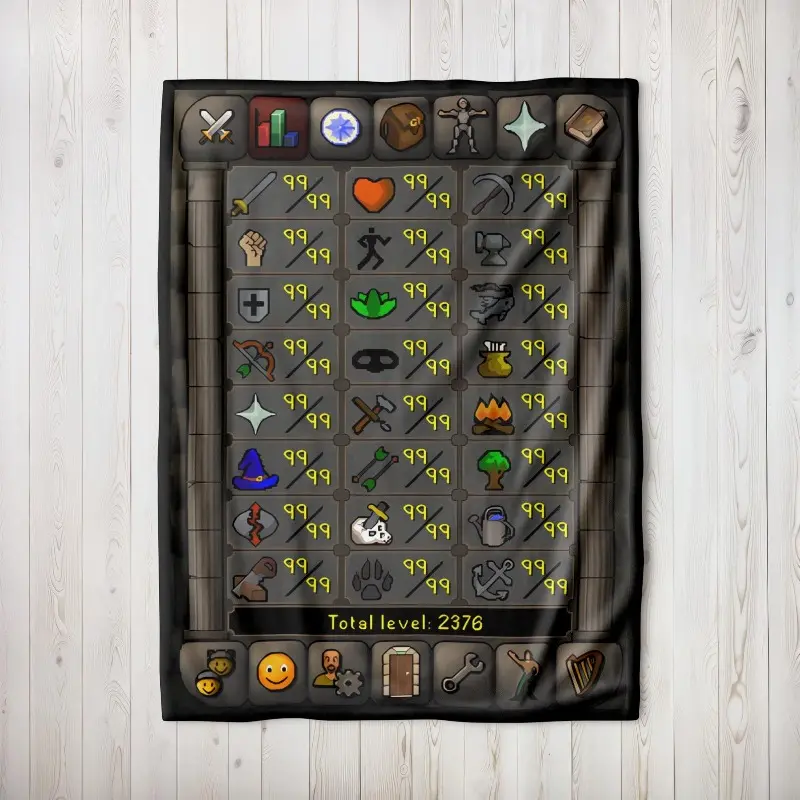 Old School Runescape OSRS Max Stats 99 All Skills Flannel Blanket Total Level 2376 Cozy Throw for Runescape Gamers Pixel-Perfect Design Buttery-Soft No-Shed Premium Flannel Comfort Durable Fade-Resistant Pixel Print