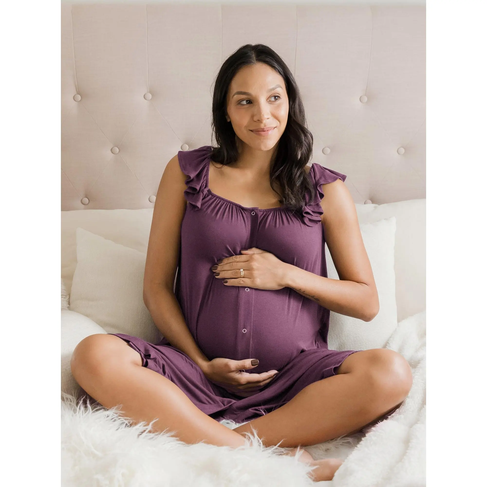Ruffle Strap Labor & Delivery Gown | Burgundy Plum