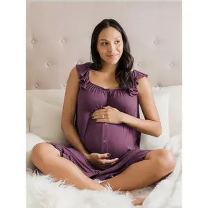 Ruffle Strap Labor & Delivery Gown | Burgundy Plum