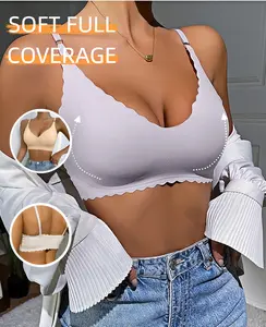 HICLOTH Women's Wireless V-Neck Bralettes with Scalloped Edges- Soft Nylon & Elastane Apricot/Black/White/Gray/Red/Orange/Blue, No Underwire, Comfortable Casual Attire, Versatile Undergarments | WirelesBra l Soft Cup Construction Cute Fit