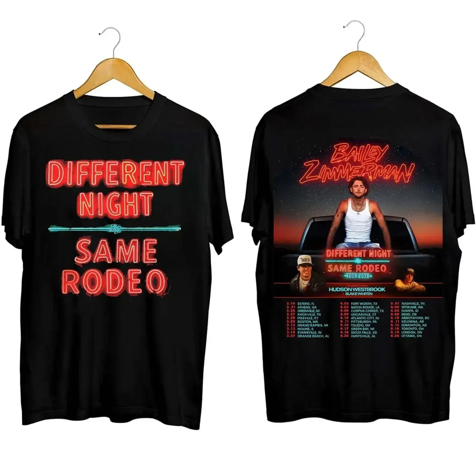 [SALE UP TO 30%] Bailey Zimmerman Different Night Same Rodeo Tour 2026 Concert Merch T-shirt, Unisex Shirt Made Using 100% US Cotton, Design & Printed In The USA