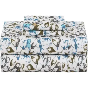 Floral Bed Sheet  Size - Double Brushed Microfiber Printed Deep Pocket Sheets Fitted Up to 15", Breathable, Extra Soft Blue & Black Flower  Sheets 4 count, Dwindle