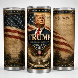 Patriotic American President Insulated Tumbler with Lid, Stainless Steel Travel Mug, Reusable Vacuum Flask for Coffee Tea Water and Cold Drinks, USA Flag Drinkware Gift for Men