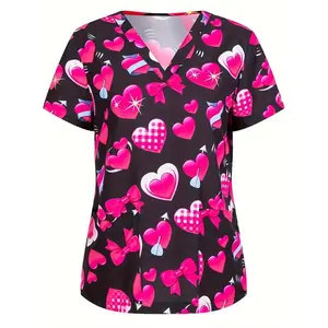 Heart Print V Neck Scrub Tops, Elegant Short Sleeve Patch Pockets Medical Nurse Uniform, Women's Clothing scrubs women teacher clothes