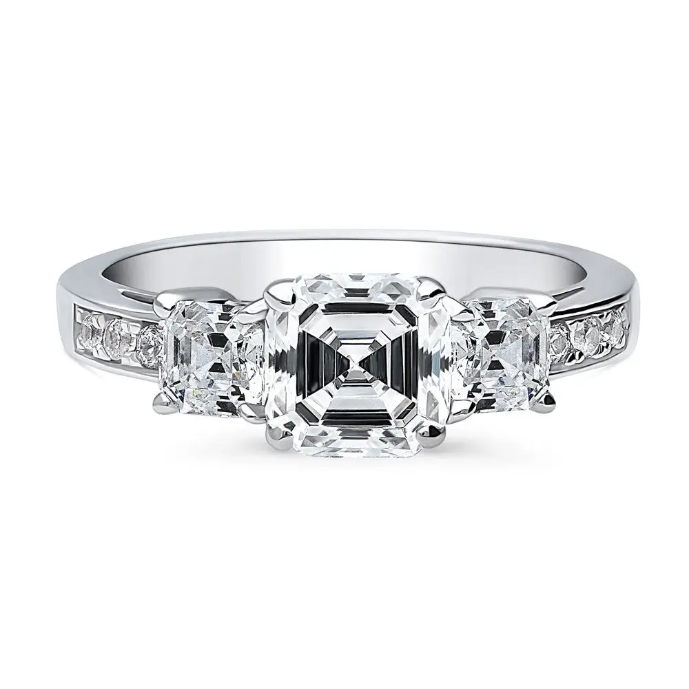 BERRICLE Sterling Silver 3-Stone Wedding Engagement Promise Rings for Her, 1.6 Carat Asscher Cut Cubic Zirconia CZ Ring