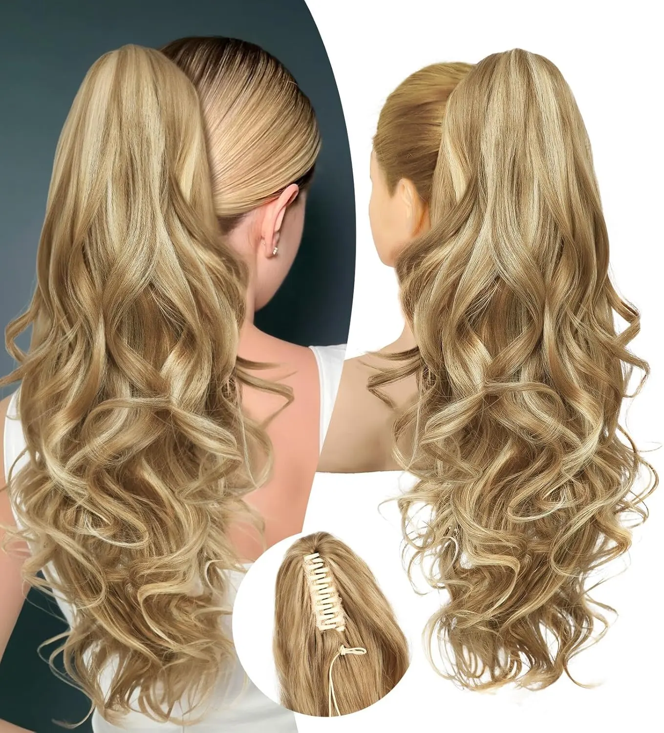 Ponytail Extension, 24" Claw Clip in Ponytail Extensions Long Curly Wavy Ponytail Hair Extension Jaw Clip on Pony Tails Hairpiece for Women - Medium Blonde with Blonde Highlights