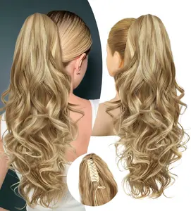 Ponytail Extension, 24" Claw Clip in Ponytail Extensions Long Curly Wavy Ponytail Hair Extension Jaw Clip on Pony Tails Hairpiece for Women - Medium Blonde with Blonde Highlights