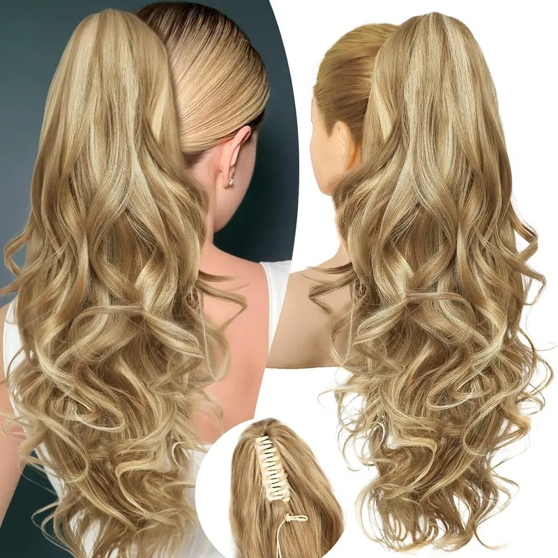 N NAYASA Women's 24 in Curly Wave Synthetic Soft Hairpieces Clip Hair Extensions Ponytail - Medium Blonde with Highlights, Decorative Piece for Ponytail Hairstyles, Volume-Booster for All Hair Types