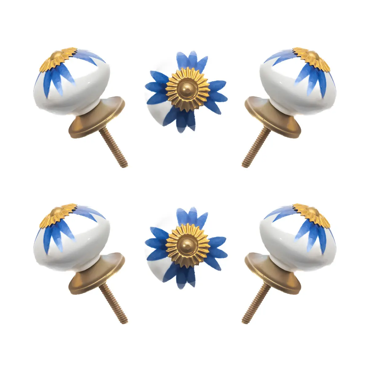 Hand-Painted Blue & White Floral Ceramic Knobs with Gold Accents (Set of 6) - 1.5 Inch - CDNY