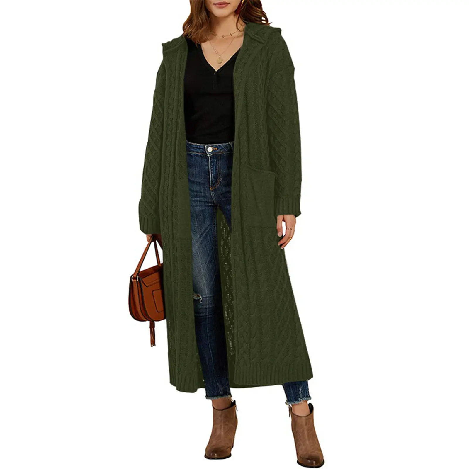 Saodimallsu Women's Cardigan, Casual Chunky Cable Knit Acrylic Fabric, Long Sleeve Open Front Hooded Outwear with Pockets, Knitting, Fitted, Basic, Longsleeves, Lightweight, Matching, Knitwear, Tops, Casual Basic, Pocket Detail, Sweater, Cardigan Coat, Ca
