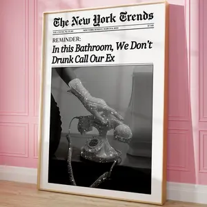 Trendy Newspaper Print, Bathroom Wall Art, New York Times Poster, Bathroom Decor, Vintage Bar Cart, Girl Dorm Room Decor, No Frame Poster Prints, Wall Decoration