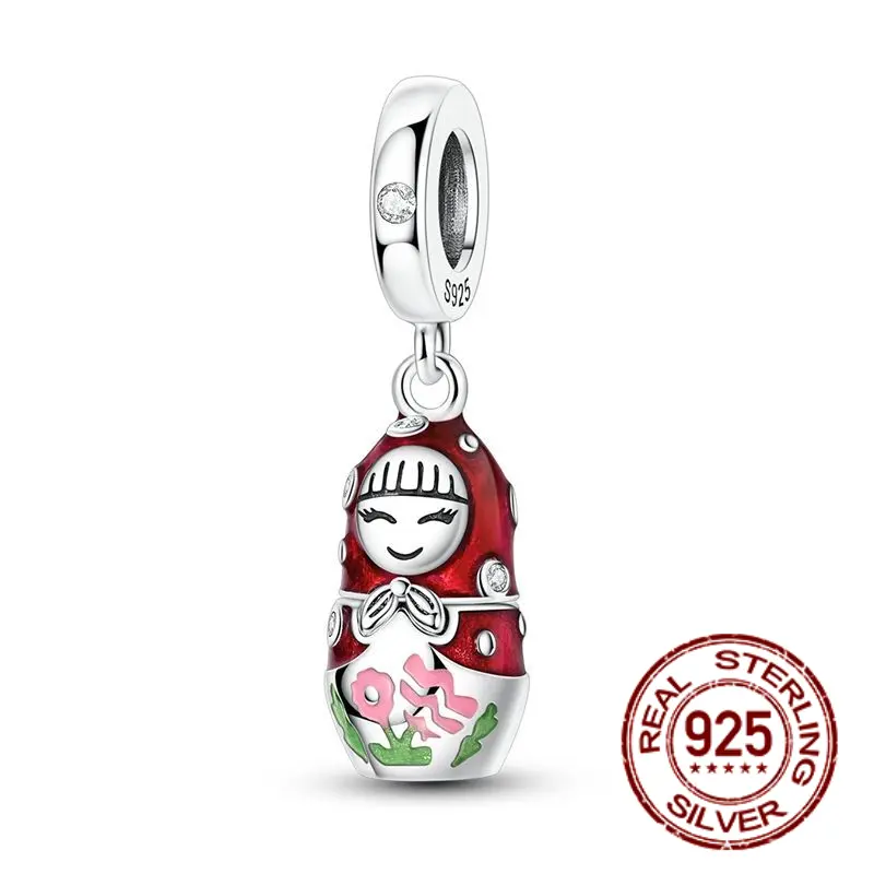 MULA Women's Russian Nesting Doll Floral Pendant, Retro Polka Dot Charm in S925 Silver-Plate, Hand-Painted Anniversary Gift for Bracelets & Necklaces