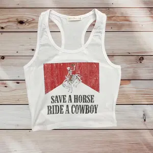 Save a Horse Ride a Cowboy Racerback Crop Tank Top Western Y2K Graphic Shirt White with Red Text