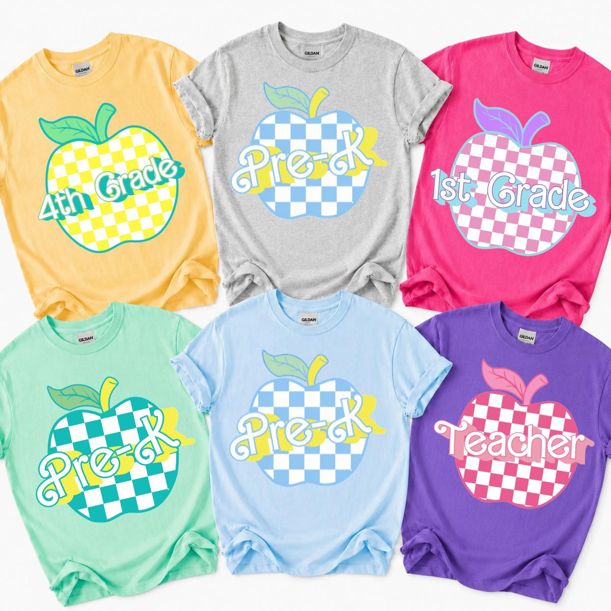 Teacher Shirt for Women, Back to School Grade Level Shirt, Pre-K Preschool Kindergarten 1st 2nd 3rd 4th 5th Grade Checkered Apple Graphic Tee, Cute Elementary Teacher T-Shirt, First Day of School Gift -DPCLICK
