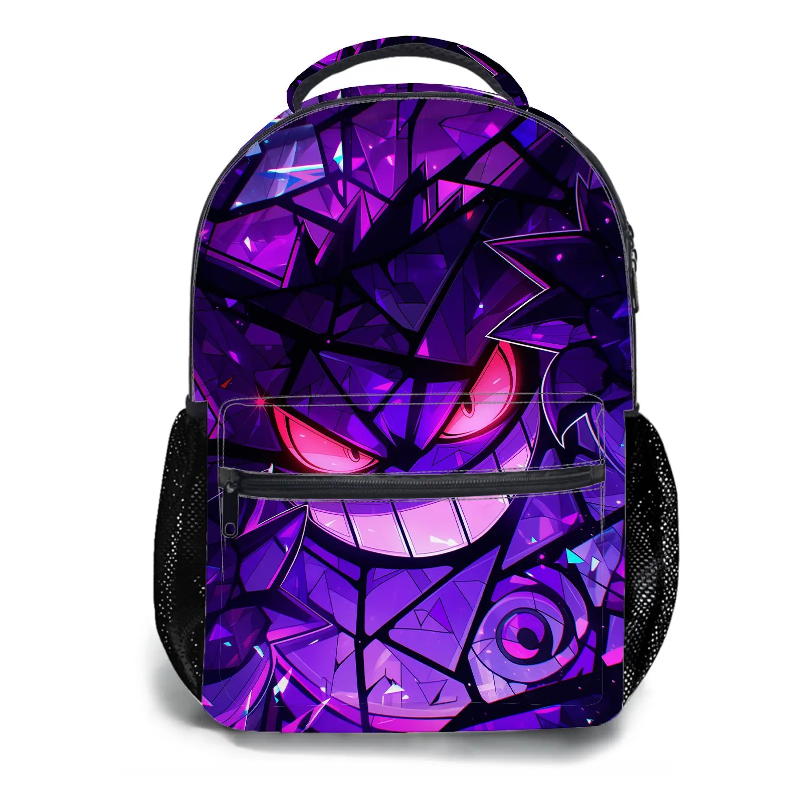 Vibrant Purple Cartoon Geometric Ghost Face Colorful Animated Backpacks for Teens, High-Quality Synthetic Polyester Durable Schoolbag with Mesh Side Pockets, Back to School Haul Holiday Gift, Birthday