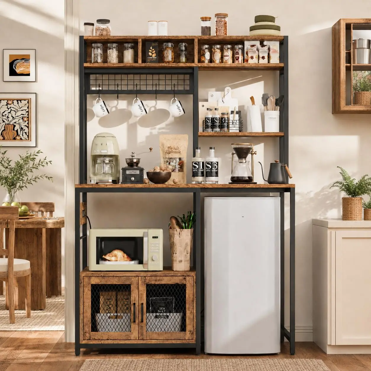 Kitchen Bakers Rack with Refrigerator Storage, Microwave Stand with Power Outlet and Storage, Coffee Bar Cabinet, Freestanding Shelf for Pantry Living Room, Brown/Black