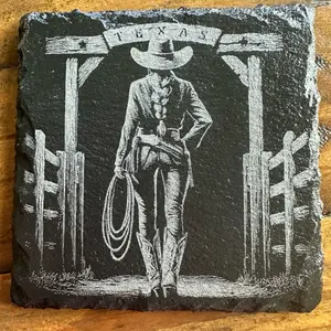 Stone Coaster Engraved Cow Girl Texas Cowboy Design with Lasso and Fence Motif for Rustic Home Decor