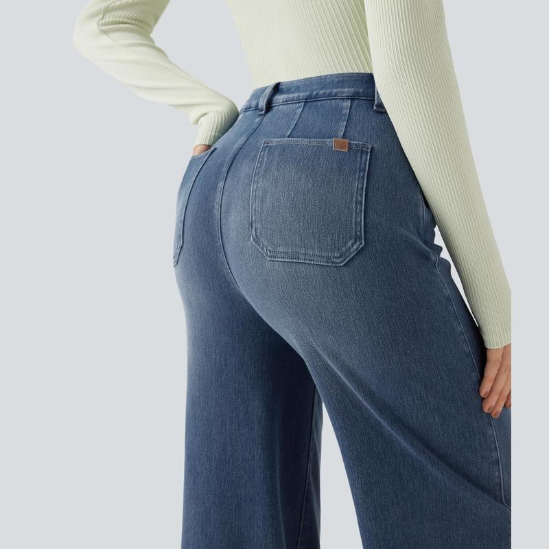 Flex High Waisted Tummy Control Wide Leg Casual Jeans with Pockets
