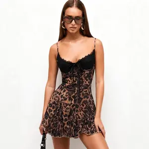 Women Sexy Leopard Lace Panel Mini Dress Spaghetti Straps Bow Tie Front Clubwear Elegant Red Off-Shoulder A-Line