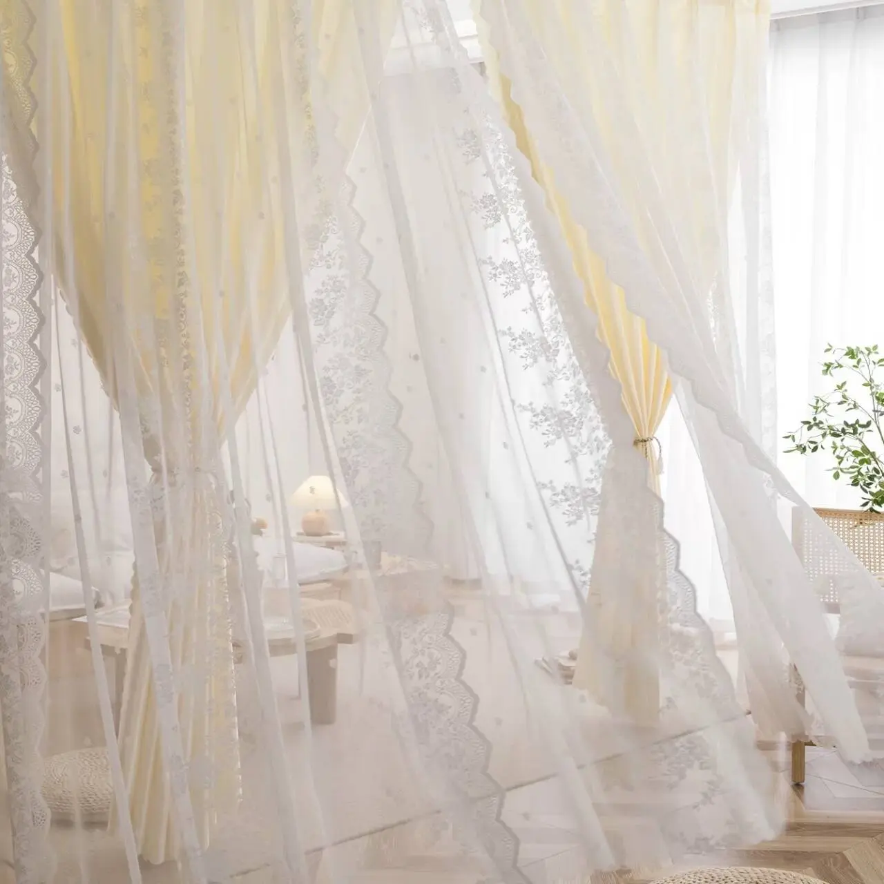 1pc New Arrival Silk Look Curtain Headboard, Double Layered Princess Style Sheer Drapes, Casual Half Light Blocking Living Room Curtains