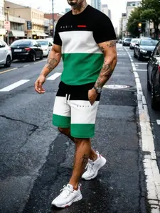 Men's Striped Colorblock Paris Letter Print Round Neck Short Sleeve T-Shirt and Zip Waist Shorts Set, Casual 2-Piece