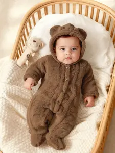Baby Bear Plush Hooded Long Sleeve Footie Onesie Set, Fall & Winter Newborn Home Wear, Cozy and Warm Baby, Baby Clothing