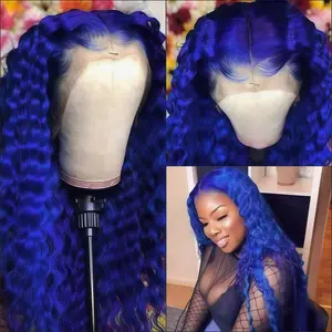 Dark Blue Wig Long Deep Wave Wig Pre-plucked Hairline Heat Resistant Synthetic Glueless Wig for Women