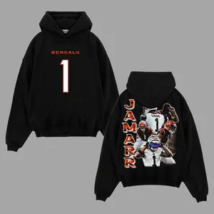 [Winter Outfits] Ja’Marr Chase 1 Who Dey Nation Outfit Cotton Hoodie Sweatshirt T-Shirt (Made In US), JaMarr’s Jungle, JaMarrvelous Fans Outfit, Who Dey Nation Game Day Outfits, Gift For Football Fans, Football Graphic Hoodie