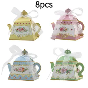 8pcs Vintage Floral Teapot Paper Gift Boxes with Ribbon, Elegant Party Favor Boxes for Weddings, Baby Showers, Candy & Small Gifts Storage, Rose Gift Box