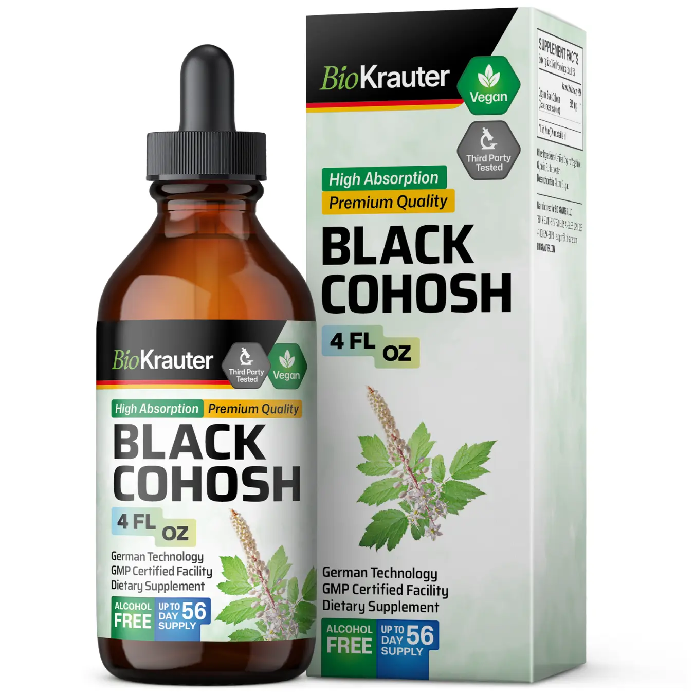 BioKrauter Black Cohosh Tincture 4 FL Oz Bottle - Vegan High Absorption Premium Quality Healthcare Supplement for Female Wellness
