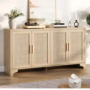 Garvee Natural Rattan Storage Cabinet with Shelves and 4-Door Sideboard Buffet, Boho Style Console Table for Living Room, Entryway, and Dining Room
