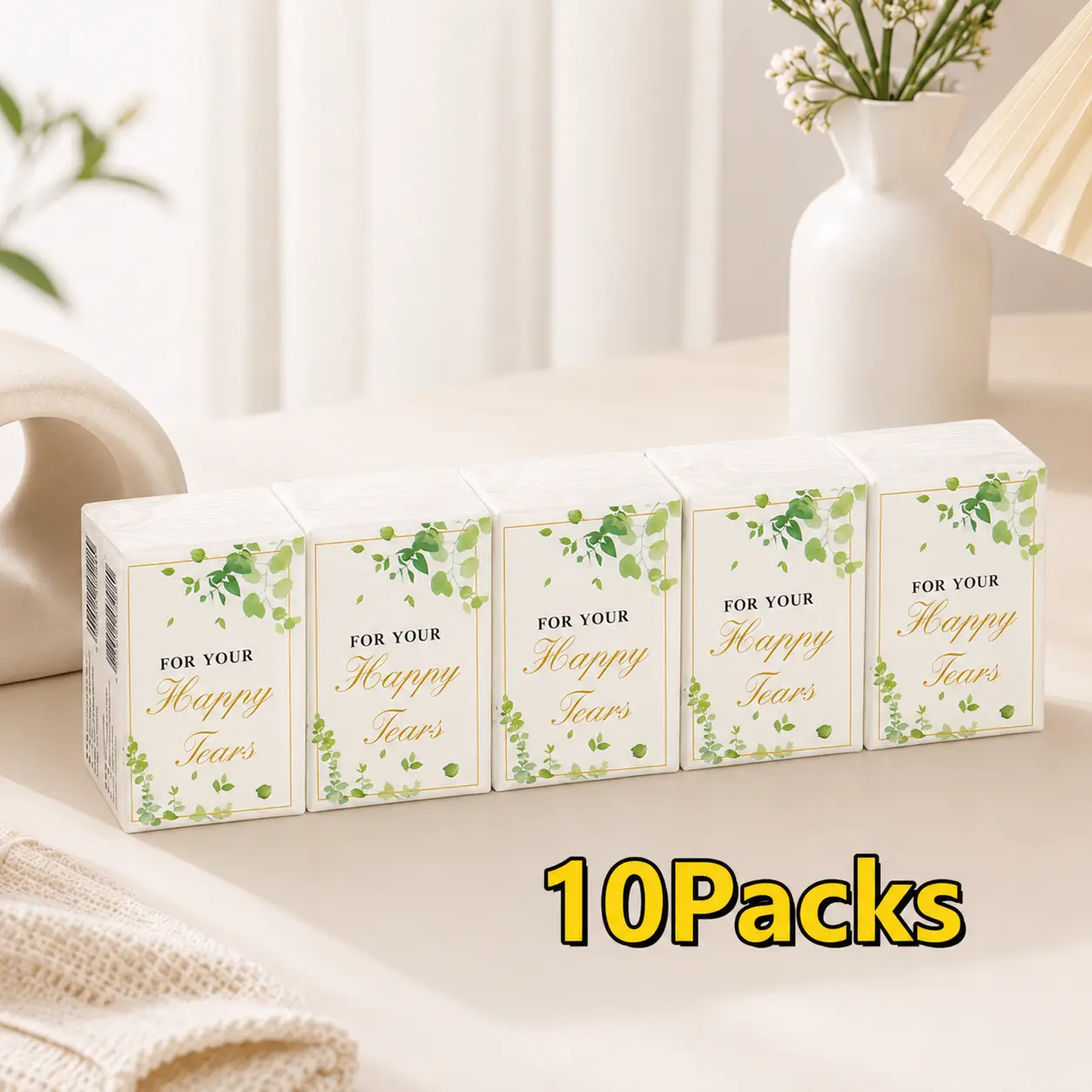 10-Pack Unscented Eucalyptus Leaf Wood Pulp Facial Handkerchief Sets, Tear-Resistant Portable Bag Mini Pack Tissues, Student Outdoor Use, Ideal Wedding Party Gifts
